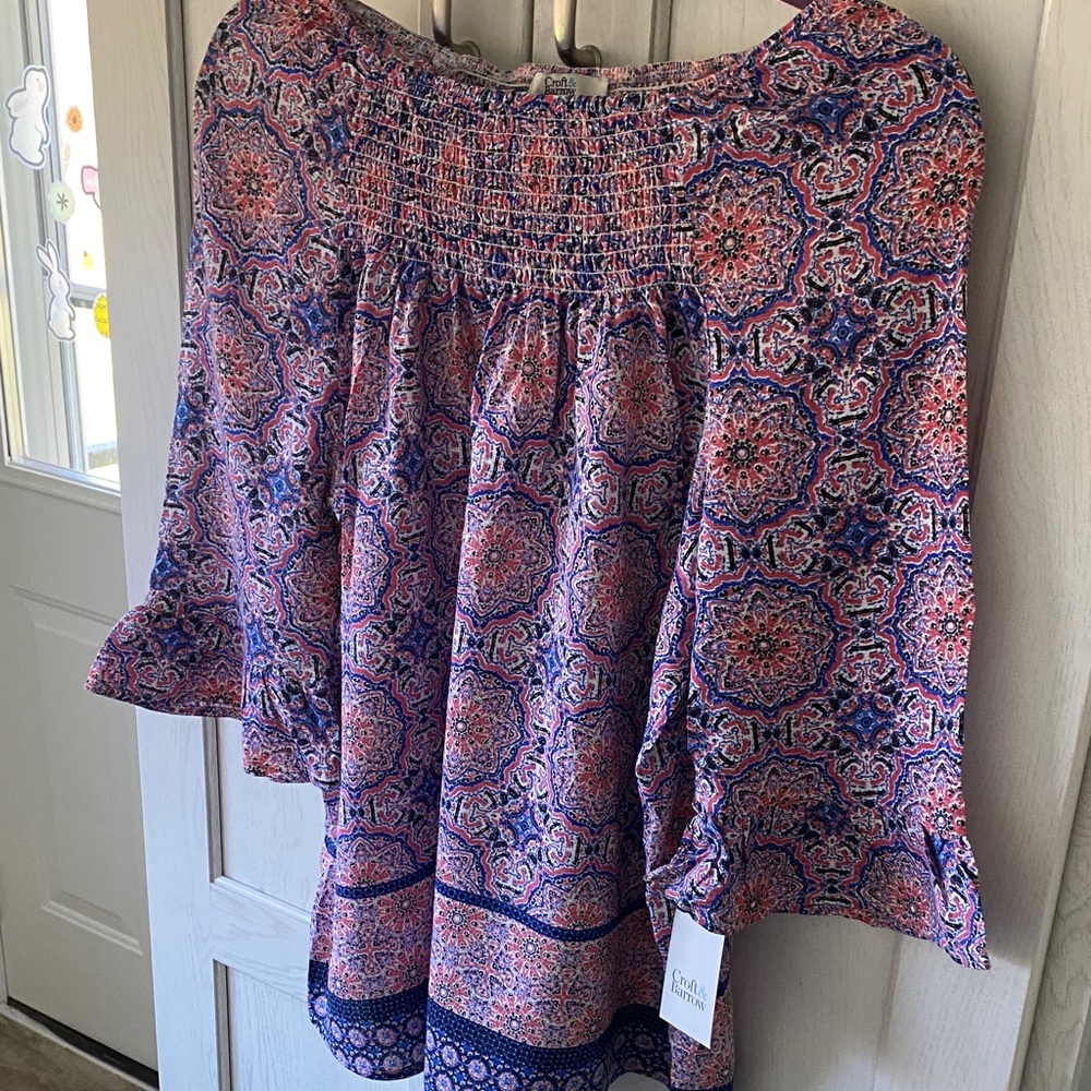 NWT Croft & Barrow Smocked Off-Shoulder Medallion Print Blouse - Pink & Navy